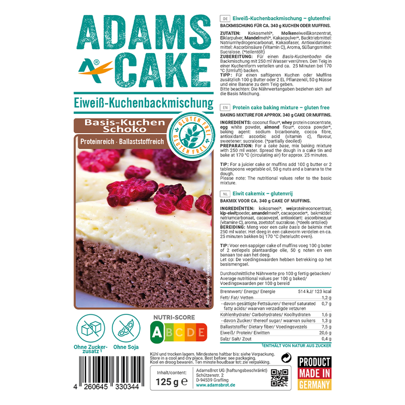 Adams Cake - Eiweiß Kuchenbackmischung "Basis Schoko Kuchen" 125g