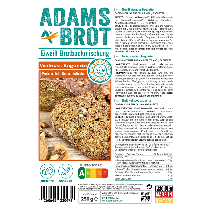 Adams Brot - Eiweiß Brotbackmischung "Wallnuss Baguette" 250g